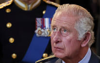 <p>Britain's King Charles looks on as procession with the coffin of Britain's Queen Elizabeth arrives at Westminster Hall from Buckingham Palace for her lying in state, in London, Britain, September 14, 2022. REUTERS/Phil Noble/Pool</p> 