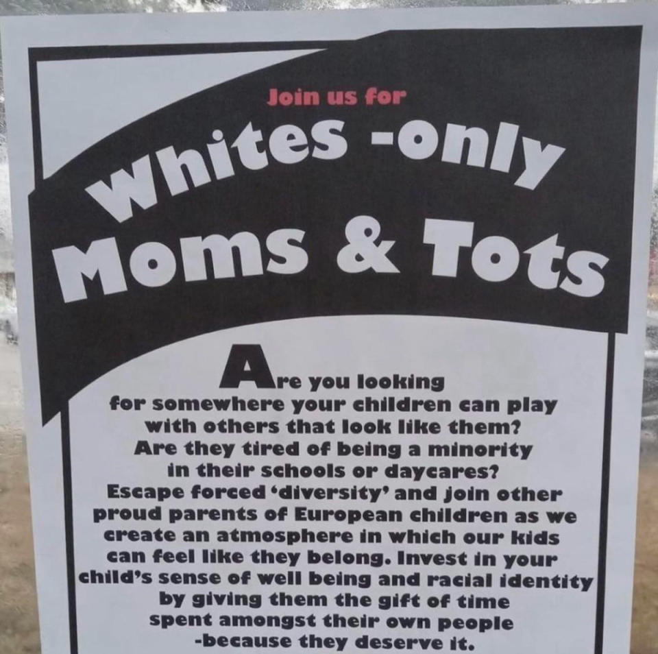 Sign for 'Whites-only Moms & Tots' group