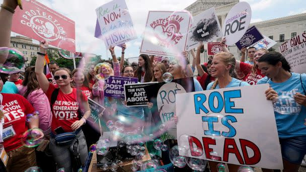 PHOTO: FILE - Anti-abortion activists celebrate, June 24, 2022, in Washington, after the Supreme Court ended constitutional protections for abortion. (Steve Helber/AP, FILE)