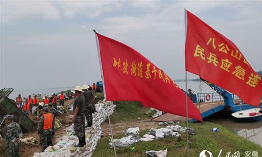 中國官媒報導「長江、淮河告急！安徽民兵緊急出列」。（圖／翻攝《人民日報》官網）