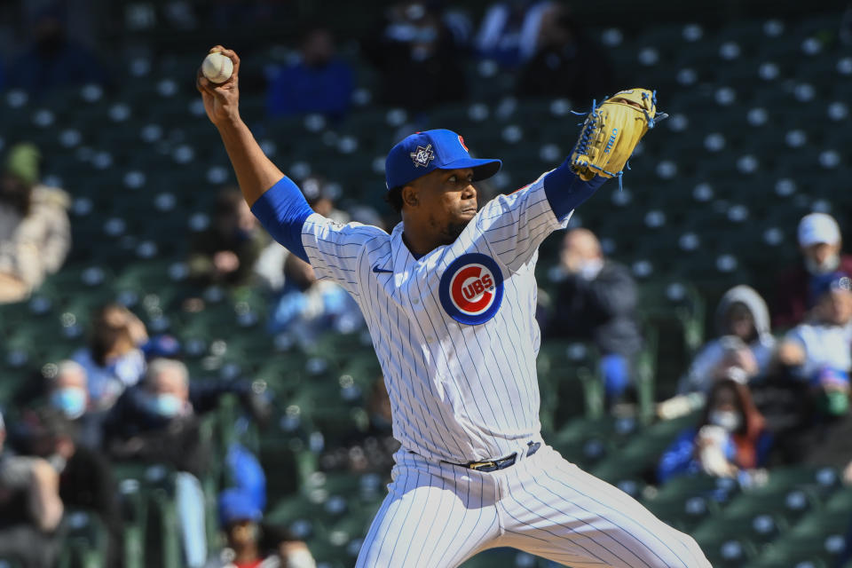 Chicago Cubs relief pitcher Pedro Strop delivers during the sixth inning of a baseball game against the Atlanta Braves Friday, April 16, 2021, in Chicago. (AP Photo/Matt Marton)