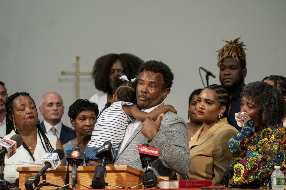 Garnell Whitfield, son of Ruth Whitfield, speaks during a news conference at Elim Christian Fellowship in Buffalo, N.Y., Wednesday, July 12, 2023. Victims and relatives of last year's mass shooting at a Buffalo supermarket announced Wednesday they are suing the social media sites, weapons retailers, gunman’s parents and others who they say “loaded the gun” the assailant used to kill 10 Black people in an attack fueled by racist conspiracy theories he encountered online. (Libby March/The Buffalo News via AP)