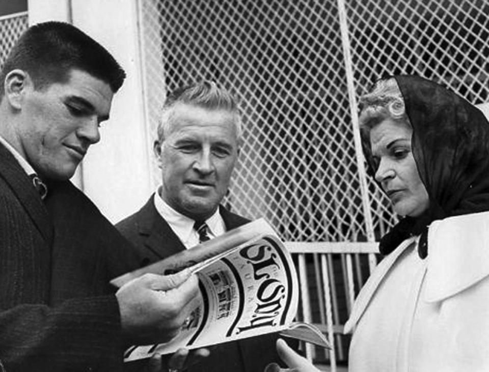 Pete Rose photographed with his parents, Harry "Big Pete" and LaVerne Rose, before his Major League debut with the Cincinnati Reds on April 8, 1963.