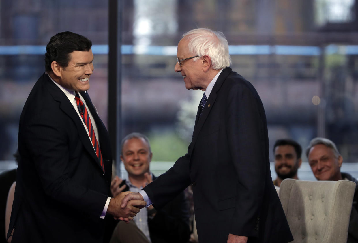 Sen. Bernie Sanders shakes hands with co-host Bret Baier during a Fox News town hall event on April 15, 2019, in Bethlehem, Pennsylvania. (Matt Rourke/ASSOCIATED PRESS)