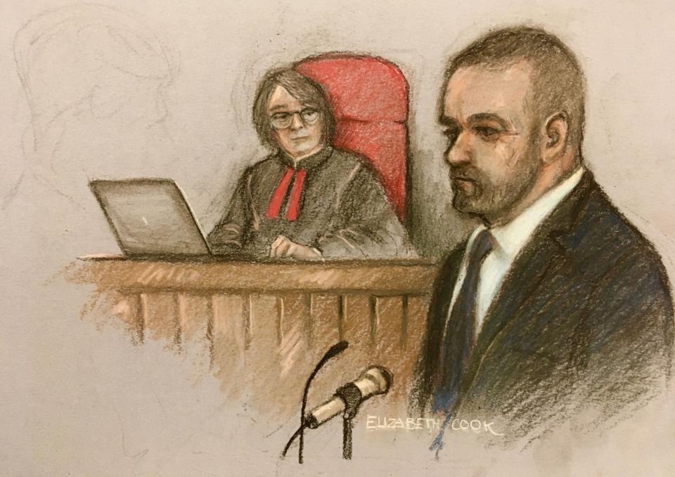 Court artist sketch by Elizabeth Cook of Wayne Rooney giving evidence at the Royal Courts Of Justice, London (PA) (PA Wire)