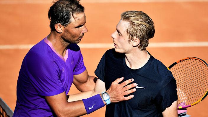 Seen here, Rafael Nadal and Denis Shapovalov embrace after their Italian Open match.