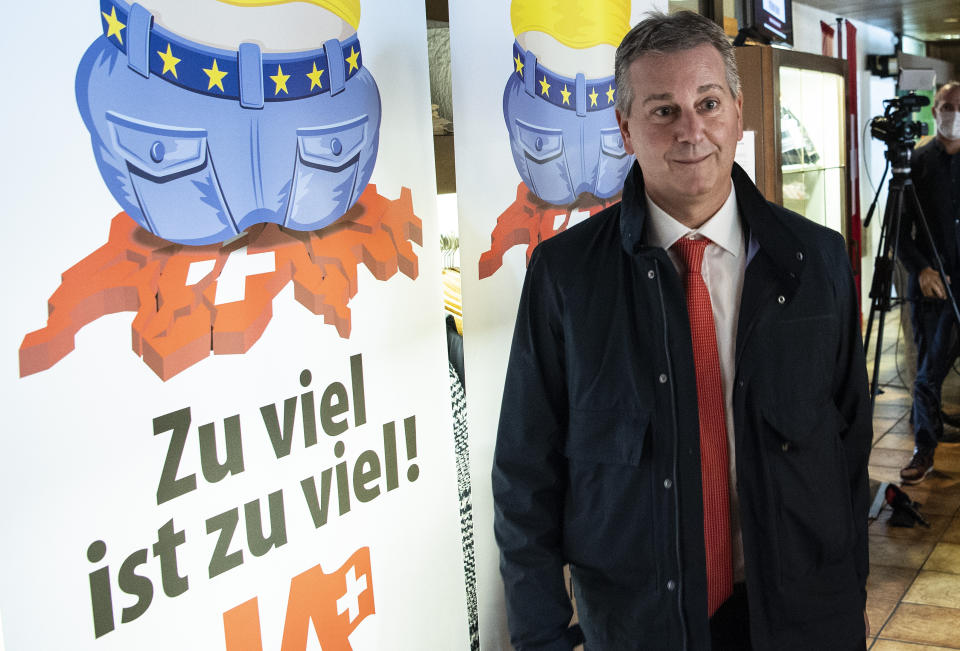 Marco Chiesa, SSVP President and State Council, TI, stands in Rothrist, Switzerland for the meeting on the Limitation Initiative, Sunday, 27 September 2020. The Swiss electorate will be asked to vote on five federal proposals (Peter Schneider). The initiative 'For moderate immigration (Limitation Initiative)' launched by Swiss People's Party SVP is one of five separate issues Swiss voters will decide in the nationwide ballot on 27 September 2020. (Peter Schneider/Keystone via AP)