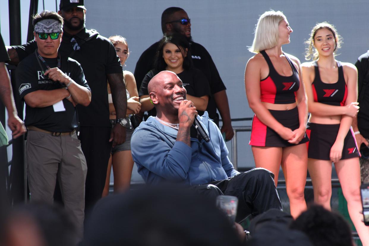 "Fast and Furious" actor Tyrese Gibson addressing a crowd of 7,000 from the Yokohama Stage at the 2023 FuelFest Mid-Atlantic closing rally at N.J. Motorsports Park in Millville.