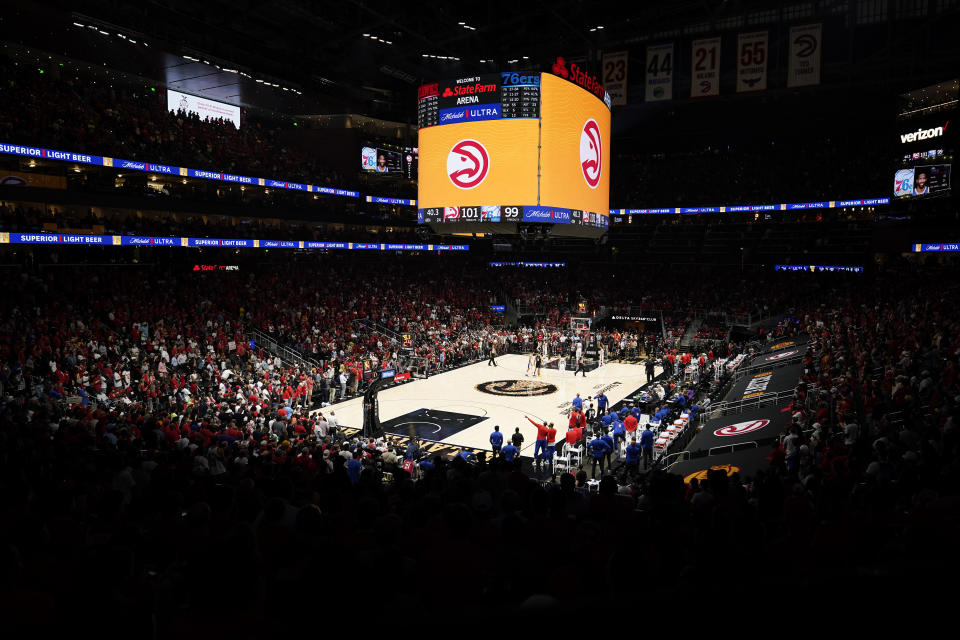 The Philadelphia 76ers play the Atlanta Hawks during the second half of Game 4 of a second-round NBA basketball playoff series on Monday, June 14, 2021, in Atlanta. (AP Photo/Brynn Anderson)