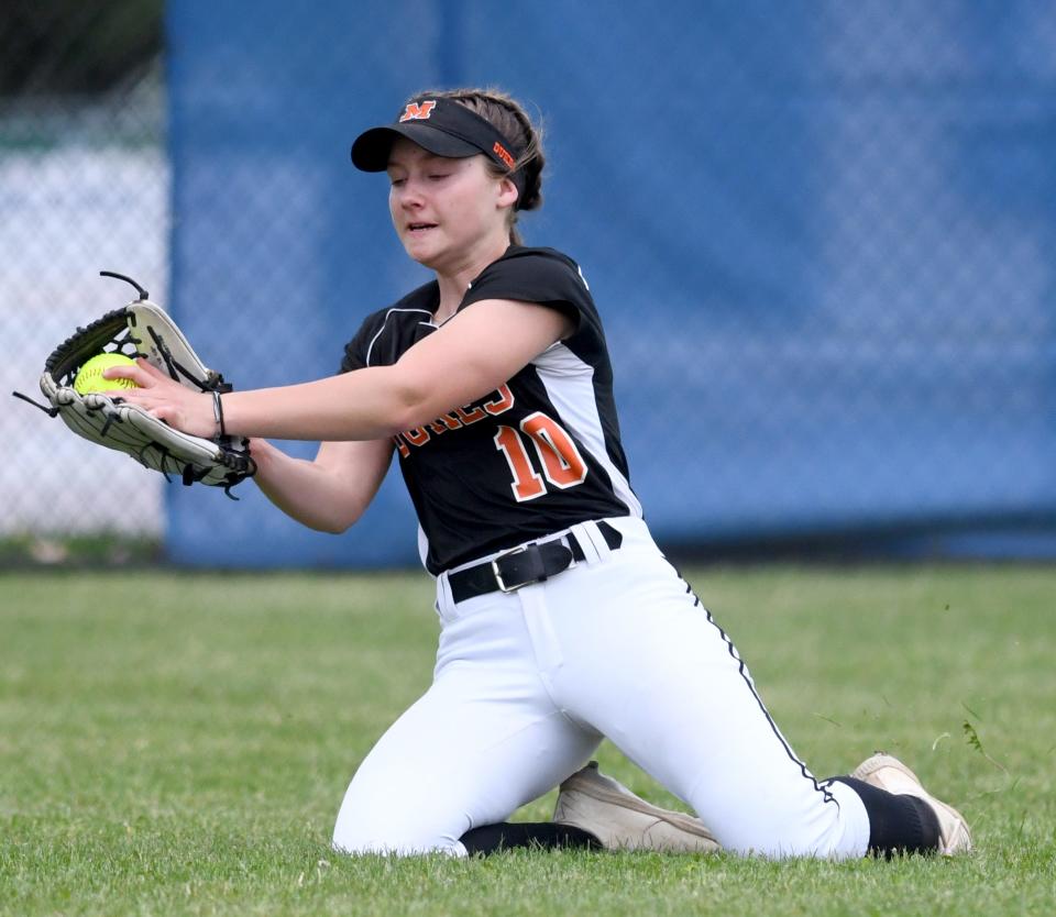 Marlington center fielder Chelsea Miller makes a sliding catch in the second inning vs. Gilmour Academy in a district semifinal, Tuesday, May 14, 2024, at Hubbard High School.
