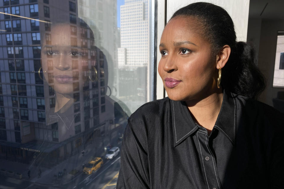 Maya Moore poses for a photo after an interview, Monday, Jan. 16, 2023, in New York. Moore has decided to retire officially from playing basketball. The Minnesota Lynx great stepped away from the WNBA in 2019 to help her now-husband Jonathan Irons win his release from prison by getting his 50-year sentence overturned in 2020. (AP Photo/David R. Martin)