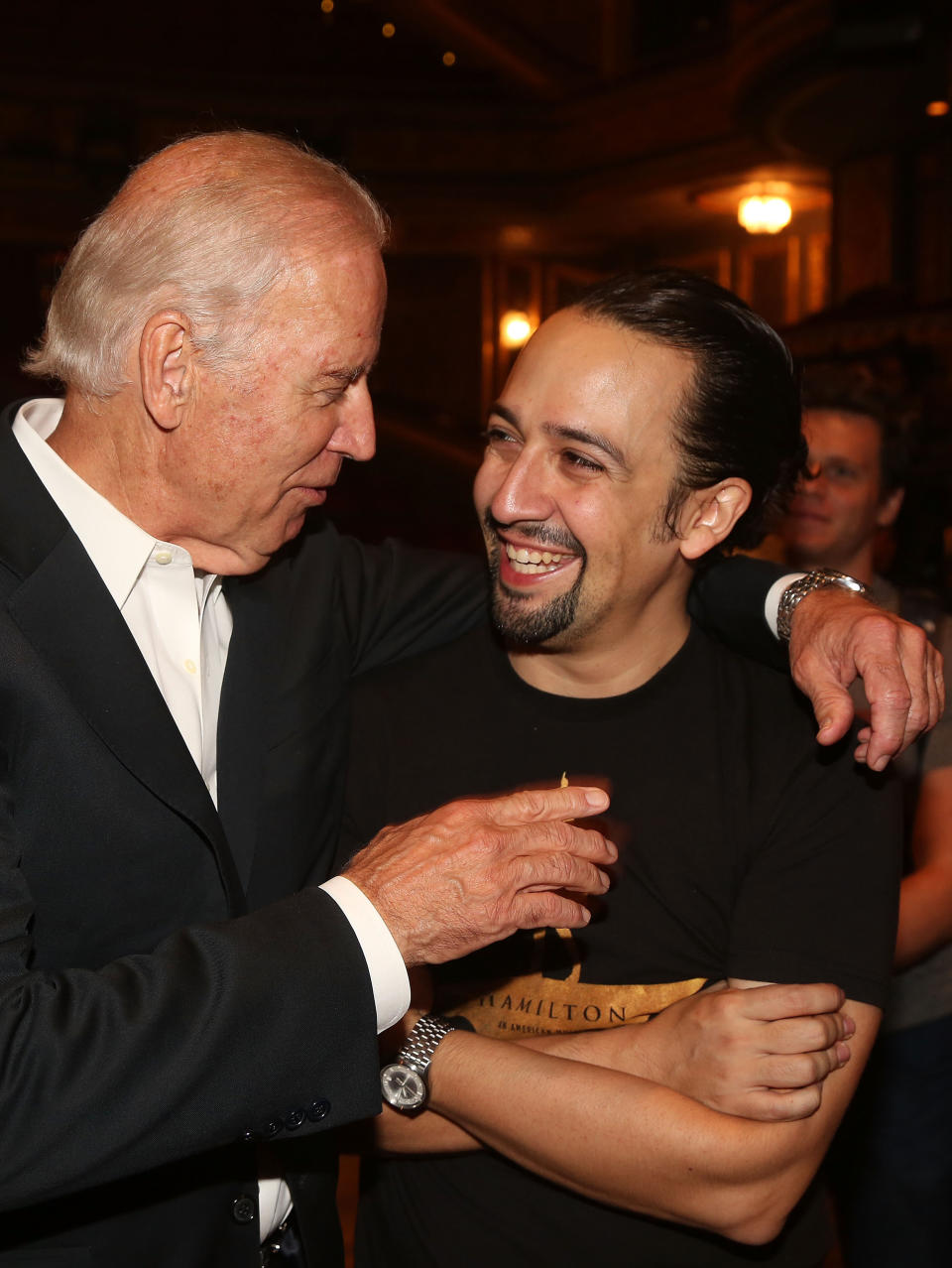 NEW YORK, NY - JULY 27:  Vice President of the United States Joe Biden and Composer/Star of 'Hamilton' Lin-Manuel Miranda pose backstage at the hit new musical 'Hamilton' on Broadway at The Richard Rogers Theater on July 27, 2015 in New York City.  (Photo by Bruce Glikas/FilmMagic)