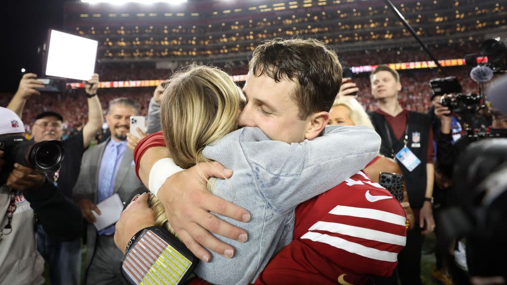 santa clara, california january 28 brock purdy quarterback of the san francisco 49ers hugs fiancee jenna brandt after defeatng the detroit lions 34 31 in the nfc championship game at levis stadium on january 28, 2024 in santa clara, california