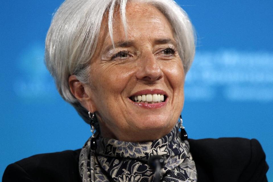 IMF Managing Director Christine Lagarde smiles during a G-20 news conference at the IMF and World Bank Group Spring Meetings in Washington, Friday, April 20, 2012. (AP Photo/Charles Dharapak)