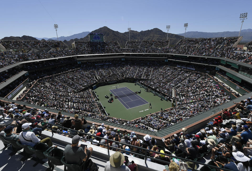 INDIAN WELLS, CA - MARCH 16: General View of Stadium 1 during the men's singles semifinal match between Milos Raonic of Canada and Dominic Thiem of Austria on day thirteen of the BNP Paribas Open at the Indian Wells Tennis Garden on March 16, 2019 in Indian Wells, California. (Photo by Kevork Djansezian/Getty Images)