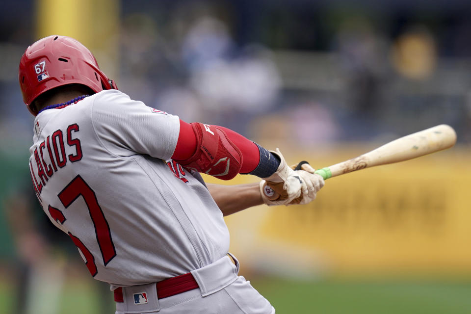 St. Louis Cardinals' Richie Palacios hits an RBI double against the Pittsburgh Pirates in the first inning of a baseball game in Pittsburgh, Wednesday, Aug. 23, 2023. (AP Photo/Matt Freed)