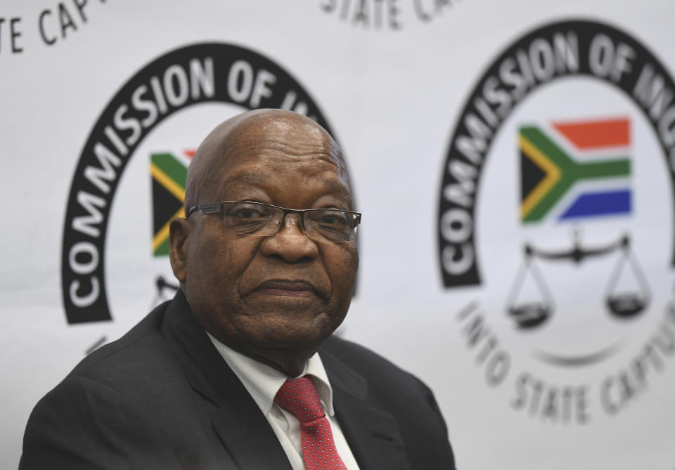 Former South Africa President Jacob Zuma appears before a commission probing allegations of corruption during his tenure as the country's leader as president from 2009 until 2018, in Johannesburg Monday July 15, 2019. Zuma was forced to resign by his ruling African National Congress party over widespread reports of corruption and was replaced by his then deputy Cyril Ramaphosa. (Pool Photo via AP)