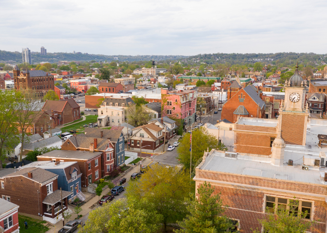 An aerial view of historic homes in Newport.