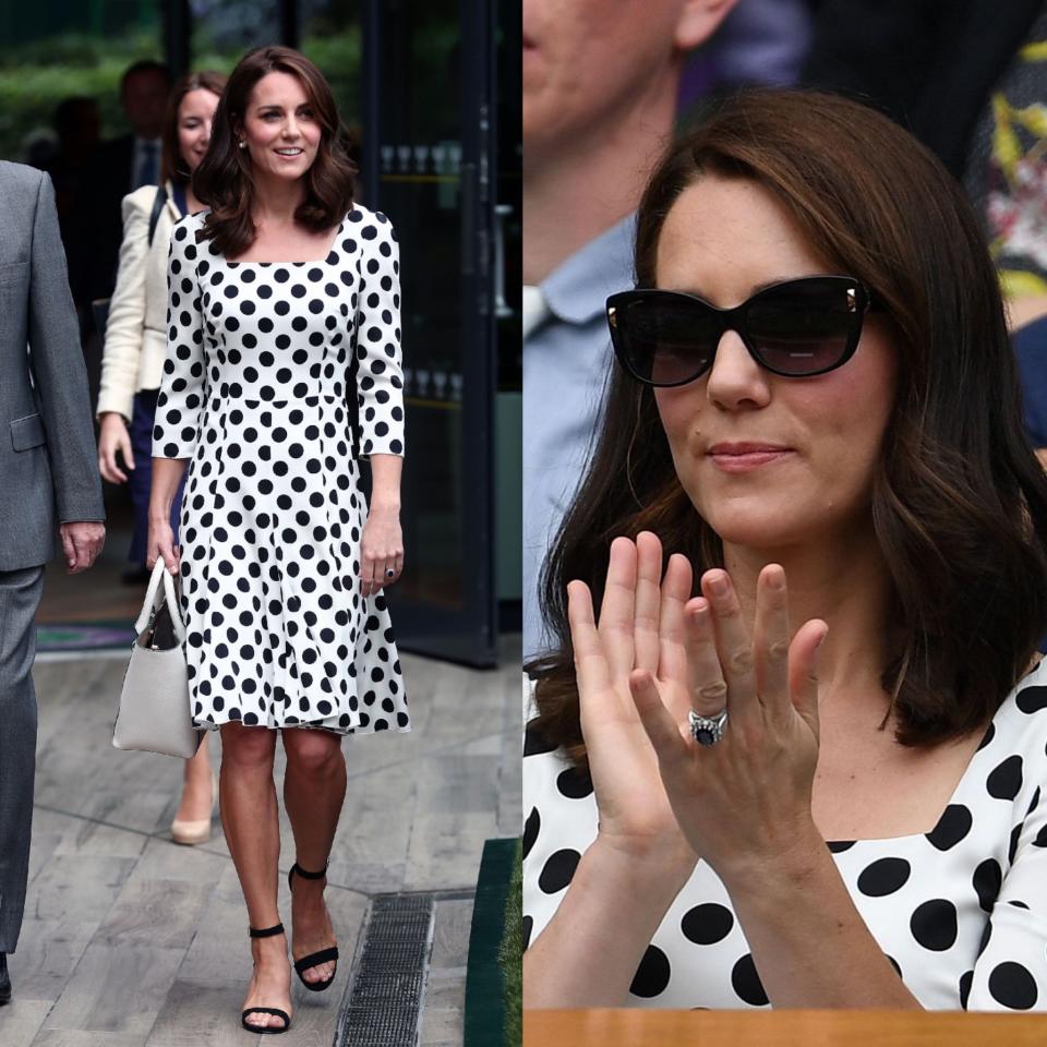 <p>Retro trifft Royal: Zum Auftakt von Wimbledon glänzte Herzogin Kate in einem schwarz-weiß gepunkteten Kleid und einer Cat-Eye-Sonnenbrille im Stil der 50er. (Bilder: Rex Features) </p>