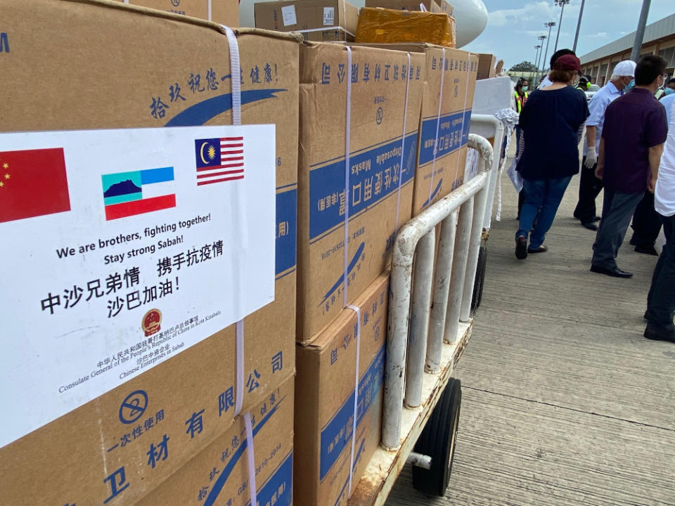 Boxes of masks and other medical gear arrived from China to Sabah. — Picture by Julia Chan