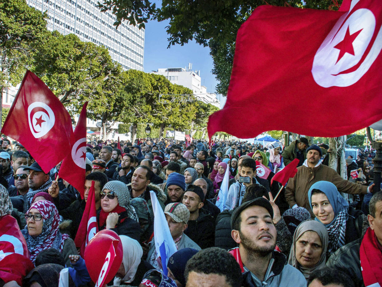 A rally in Tunis to mark seven years since the Jasmine Revolution – but beneath the surface anger is brewing in Tunisian society: AP