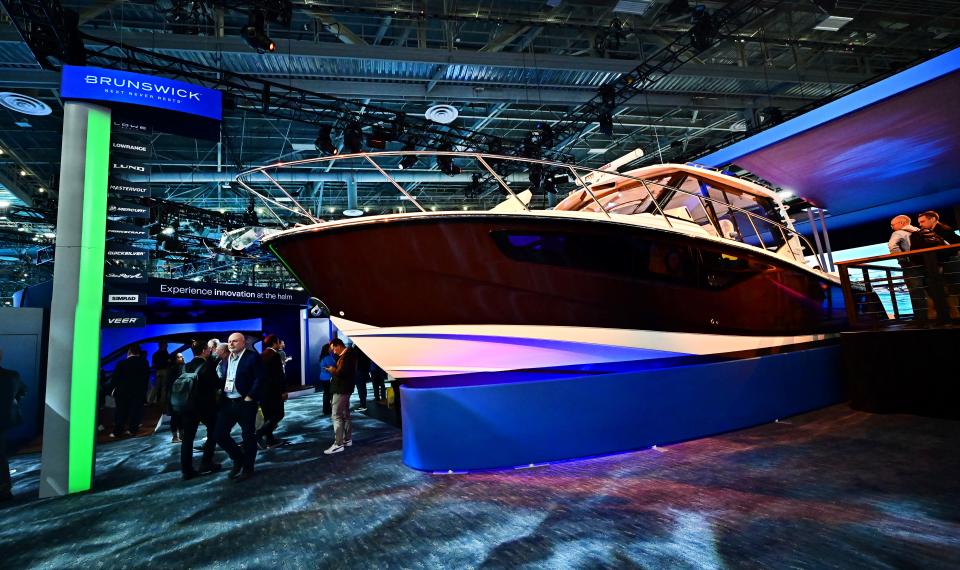 The tech-laden 405 Conquest boat from Brunswick, produced by Boston Whaler and loaded with stereo cameras for auto docking and a fathom power system using lithium ion batteries instead of traditional generators, at the Consumer Electronics Show (CES) on January 9, 2024 in Las Vegas, Nevada. (Photo by Frederic J. BROWN / AFP) (Photo by FREDERIC J. BROWN/AFP via Getty Images)