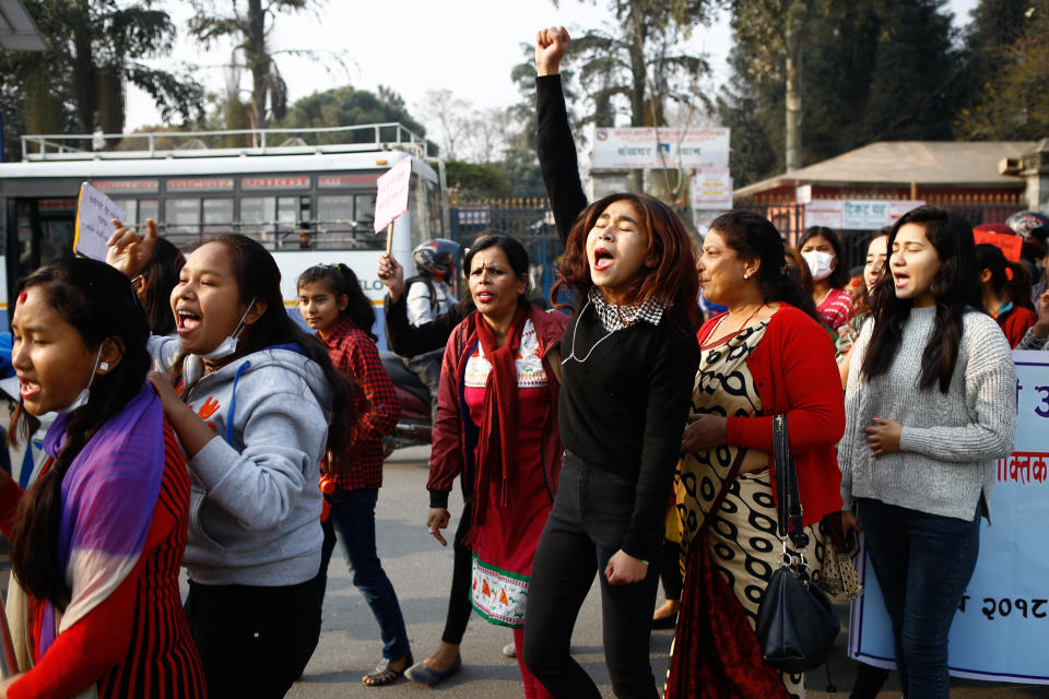 Nepalese women take part in&nbsp;a rally to mark International Women's Day.