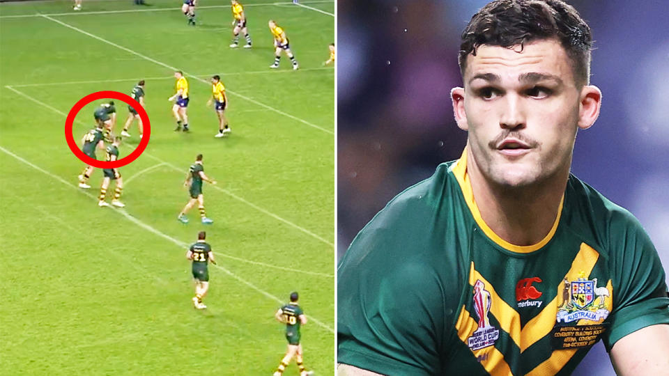 Nathan Cleary, pictured here in action for Australia against Scotland at the Rugby League World Cup. 