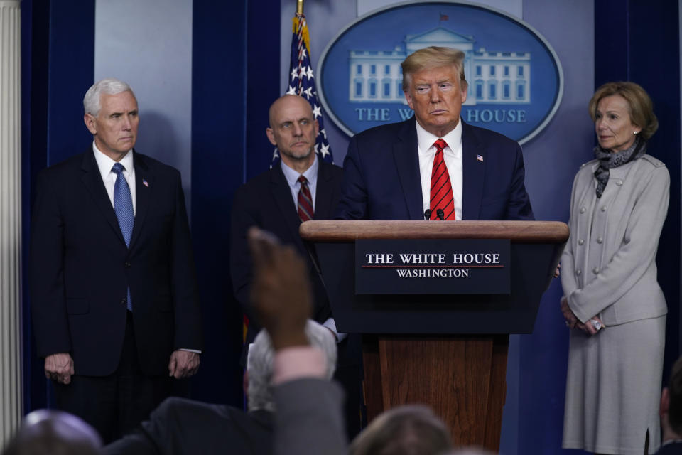 President Donald Trump takes questions during press briefing with the coronavirus task force, at the White House, Thursday, March 19, 2020, in Washington. (AP Photo/Evan Vucci)