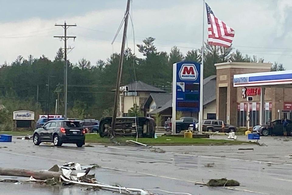 This image provided by Steven Bischer, shows damage following an apparent tornado, Friday, May 20, 2022, in Gaylord, Mich.