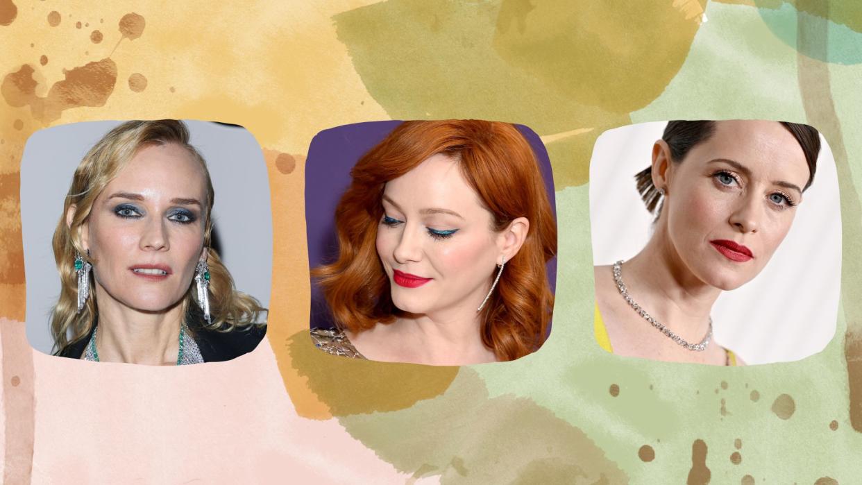  Diane Kruger, Christina Hendricks and Claire Foy showing the best eye makeup looks for blue eyes. 