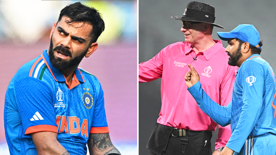 Virat Kohli reacts and Indian captain Rohit Sharma speaks to the umpire.