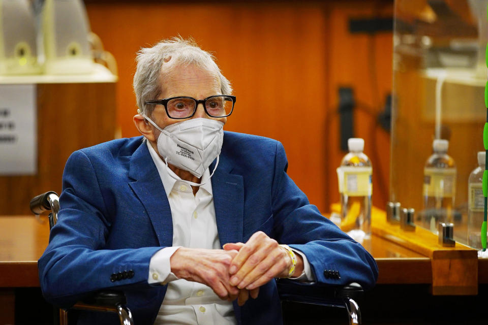 Robert Durst sits in an Inglewood courtroom as Judge Mark E. Windham gives instructions before opening statements in his trial for the murder of Susan Berman in Inglewood, Calif., on May 18, 2021. (Al Seib / Pool via Reuters file)