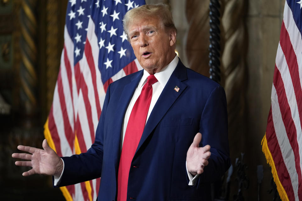 Republican presidential candidate former President Donald Trump speaks at his Mar-a-Lago estate, Monday, March 4, 2024, in Palm Beach, Fla. The Supreme Court unanimously restored Trump to 2024 presidential primary ballots, rejecting state attempts to ban him over the Capitol riot.(AP Photo/Rebecca Blackwell)