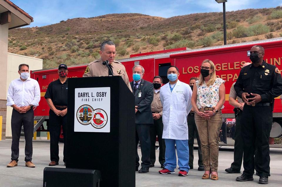 Los Angeles County Sheriff Alex Villanueva speaks Tuesday during a news conference after a shooting at a fire station near Santa Clarita, Calif.