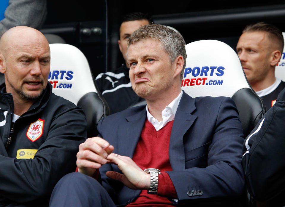 <p>Solskjaer takes over at Cardiff in 2014. He won his first game, an FA Cup clash with Newcastle, before going on to be relegated with the Bluebirds.(Getty) </p>
