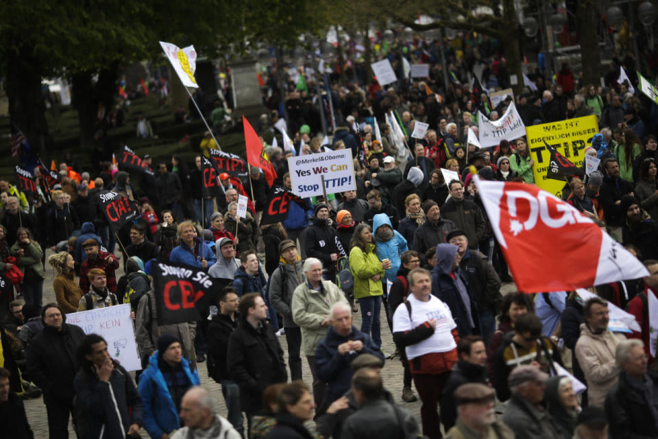 Thousands of demonstrators protest against the planned Transatlantic Trade and Investment Partnership (TTIP) and the Comprehensive Economic and Trade Agreement (CETA) ahead of a visit by President Obama in Hanover, Germany, April 23, 2016. (Markus Schreiber/AP)