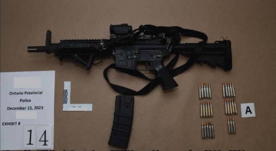 An OPP officer's Colt Model C8CQB .223 semi-automatic rifle used to shoot a 48-year-old man at a cabin near Belleville, Ont., on Dec. 15, 2023.
