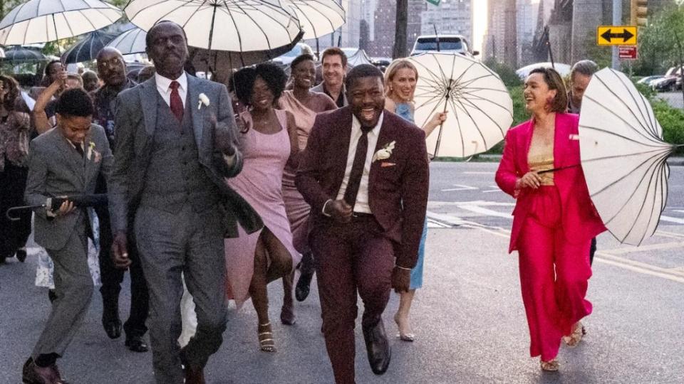 Ray celebrates after his wedding to Cora: (L-R): Ja’Siah Young as Caleb, Steven Williams as Ray Cannon Sr., Brittany Caswell as Ashlyn, Kayla Cyphers as Lena, Dylan McDermott as Remy Scott, Edwin Hodge as Ray Cannon, Shantel VanSanten as Nina Chase, and Keisha Castle-Hughes asHana Gibson. (CREDIT: Mark Schafer/CBS)