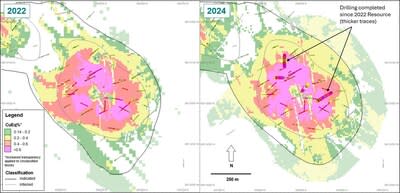 Figure 4. Plan view at 470 mRL displaying the change in distribution of CuEq grade at Cuerpo 3, Cortadera, between March 2022 and February 2024 MREs. Resource blocks and Classification boundaries are shown at the RL intersection, while drillholes are displayed within +/-100 m of the RL.
*Refer to Table 3 for CuEq calculation (CNW Group/Hot Chili Limited)