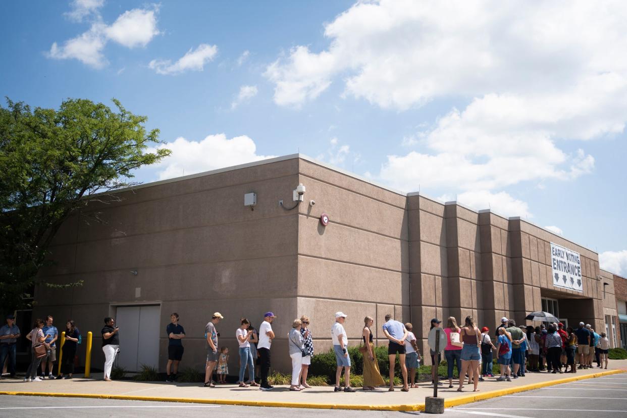 Jul 14, 2023; Columbus, OH, USA;  A line forms at the Franklin County Board of Elections during early voting for issue 1.