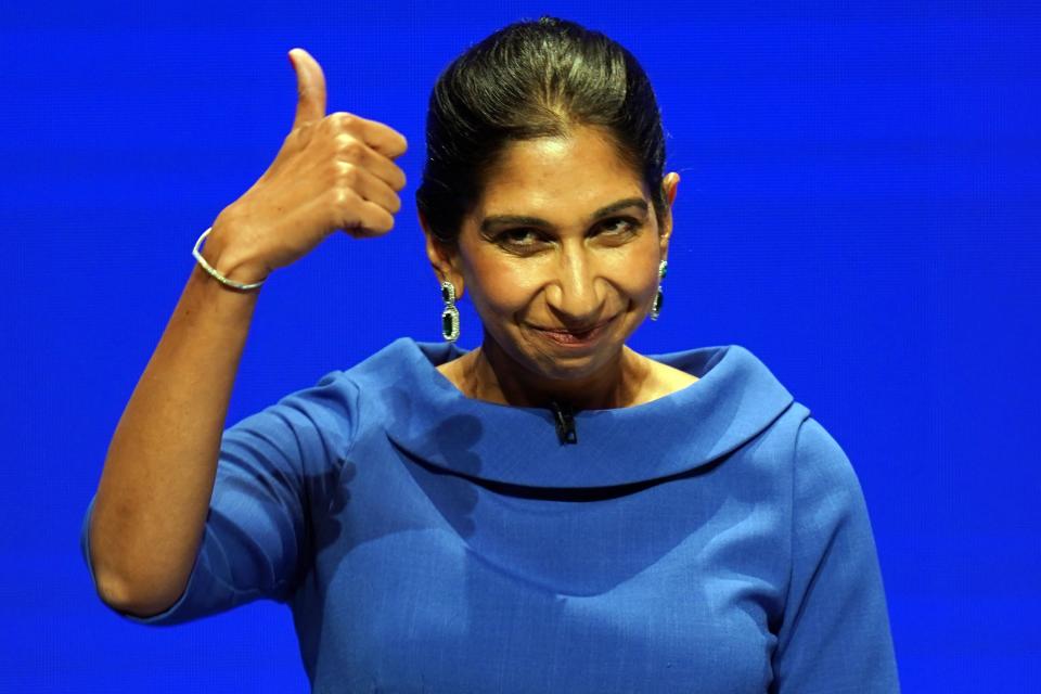 Suella Braverman gives a thumbs-up after her speech on immigration (Jacob King/PA)