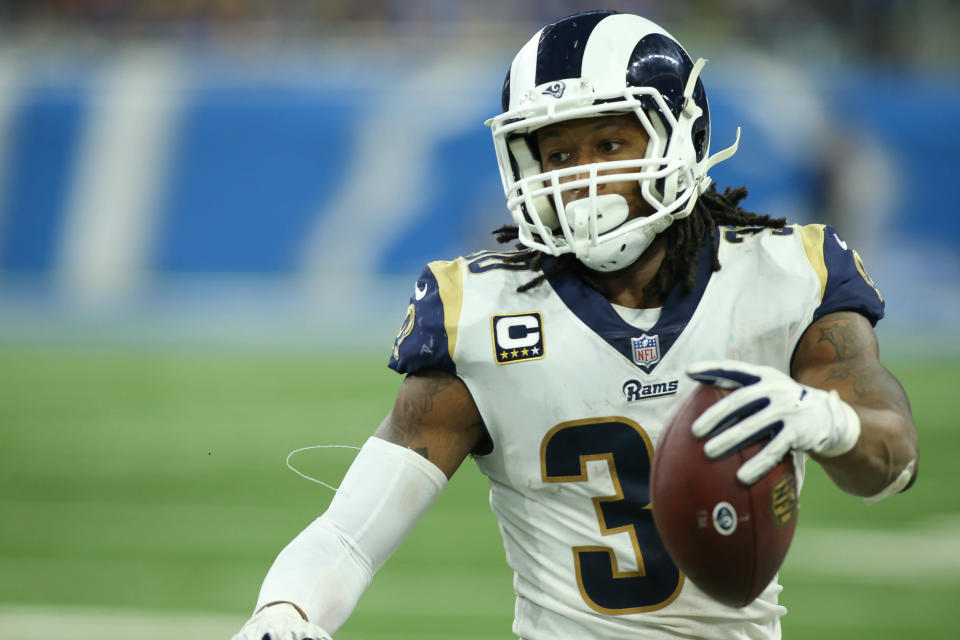 DETROIT, MI - DECEMBER 02:  Los Angeles Ram running back Todd Gurley II (30) runs with the ball during a regular season game between the Los Angeles Rams and the Detroit Lions on December 2, 2018 at Ford Field in Detroit, Michigan.  (Photo by Scott W. Grau/Icon Sportswire via Getty Images)