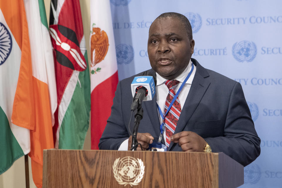 In this image provided United Nations Photo, Gabon Ambassador to the United Nations Michel Xavier Biang, speaks during a flag installation ceremony for new members of the United Nations Security Council, Tuesday, Jan. 4, 2022, at U.N. headquarters. Gabon, United Arab Emirates, Albania, Brazil, and Ghana were elected as the five non-permanent member nations to the Council for the term 2022-2023.(Eskinder Debebe/United Nations Photo via AP)