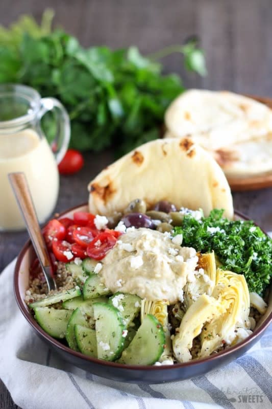 Celebrating Sweets<p>Quinoa bowl topped with vegetables, hummus and more! A healthy, easy and fresh meal.</p><p><strong>Get the recipe: <a href="https://celebratingsweets.com/mediterranean-quinoa-and-vegetable-bowls/" rel="sponsored" target="_blank" data-ylk="slk:Mediterranean Quinoa and Vegetable Bowls;elm:context_link;itc:0;sec:content-canvas" class="link "><em>Mediterranean Quinoa and Vegetable Bowls</em></a></strong></p>
