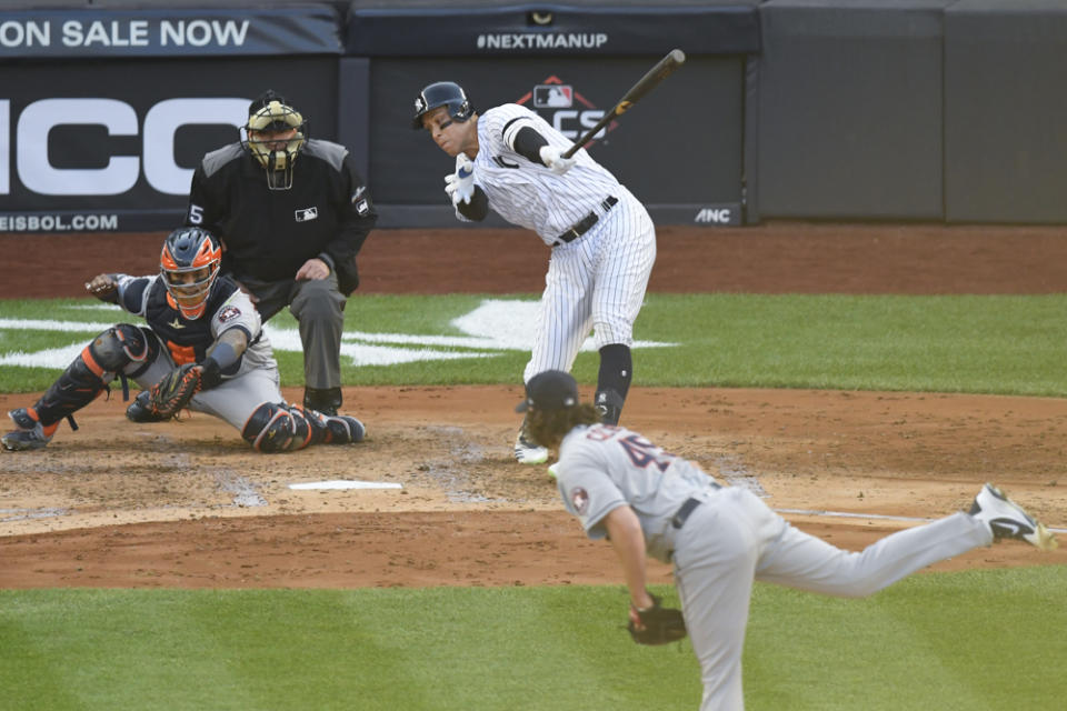 Oct 15, 2019; Bronx, NY, USA; Houston Astros starting pitcher Gerrit Cole (45) strikes out New York Yankees right fielder Aaron Judge (99) during the second inning in game three of the 2019 ALCS playoff baseball series at Yankee Stadium. Mandatory Credit: Robert Deutsch-USA TODAY Sports