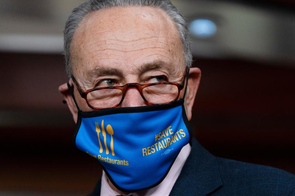 Senate Majority Leader Chuck Schumer, D-N.Y., attends a news conference on Feb. 25, 2021.