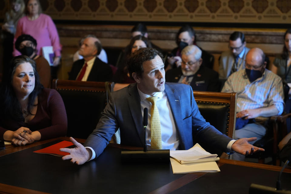 State Rep. Jeff Shipley, R-Fairfield, speaks during an Iowa House Judiciary subcommittee hearing, Wednesday, Jan. 31, 2024, at the Statehouse in Des Moines, Iowa. Iowa lawmakers declined to advance a bill that would strip "gender identity" from the state's civil rights law and risk subjecting LGBTQ+ Iowans to discrimination in education, housing and public spaces. (AP Photo/Charlie Neibergall)