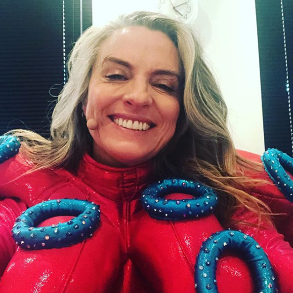 A selfie of Gretel Killeen wearing her octopus behind the scenes on The Masked Singer.