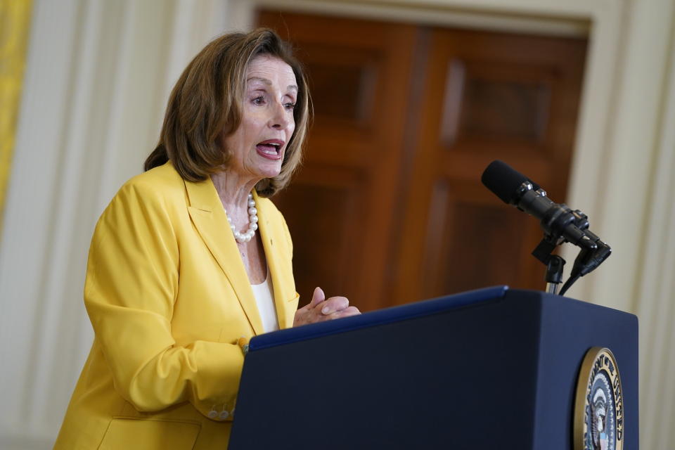 Former Speaker of the House Nancy Pelosi, D-Calif., speaks on the anniversary of the Inflation Reduction Act during an event in the East Room of the White House, Wednesday, Aug. 16, 2023, in Washington. (AP Photo/Evan Vucci)